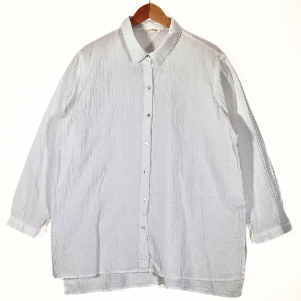 Eileen Fisher Top XL Womens White Organic Cotton Crinkle Gauze Button Up Shirt